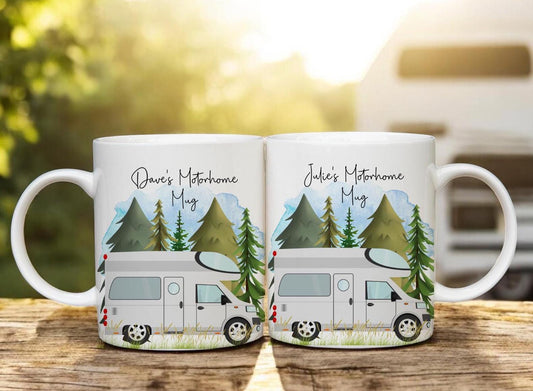 White ceramic mugs with a motorhome design and trees in the background. The text reads the recipients name, followed by Motorhome Mug