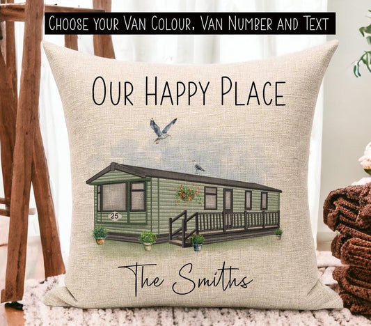 Linen Cushion with Personalised Text and Customised Static Caravan Design.