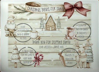 Large Personalised Santa's Treats Glass Board - Santa's hot chocolate, cookies, carrot - 38 x 28cm - Children's Christmas board for Santa
