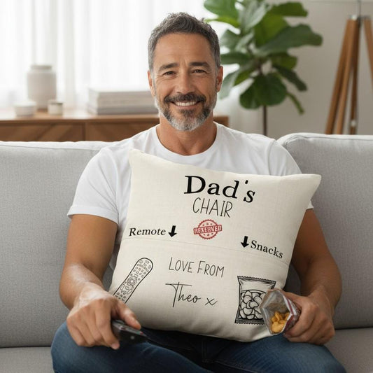 Personalised Reserved for Dad Pocket Cushion - Remote and Snacks - Gift from Kids - Linen Cushion and Cover - Fathers Day Gift