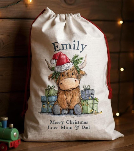 Customised Large Linen Santa Sack with a Christmas Highland Cow Theme - 50 x 70 cm - Add Names & Message - 3 Designs - Kids/Adults Gift Sack