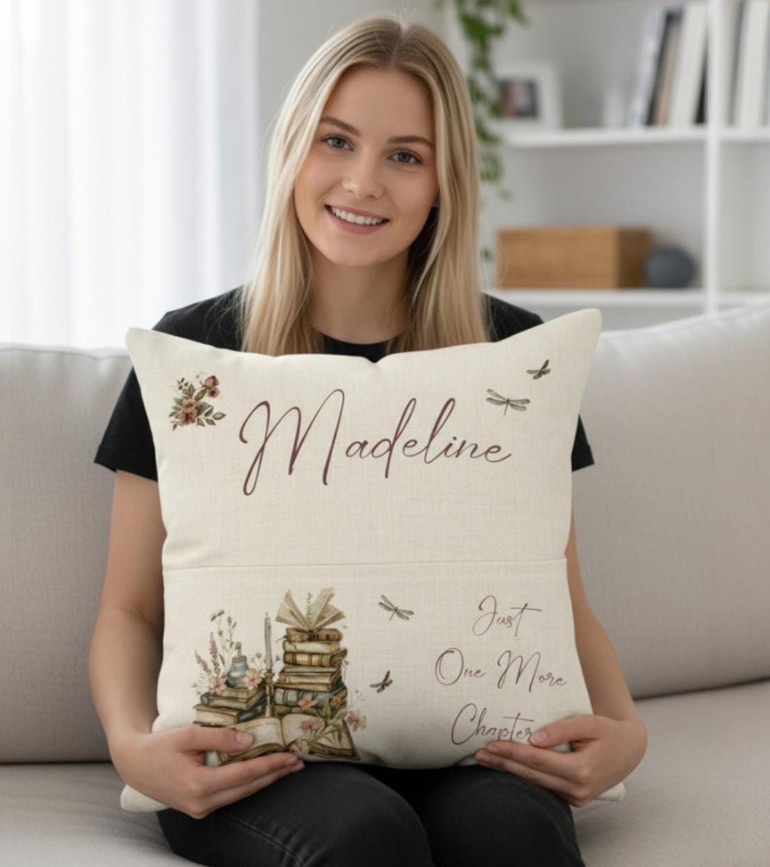 Personalised Linen Book Cushion - With Pocket for Book - Book Lover's Gift for Women - Books and Florals - Removable Cover - Bookish gift
