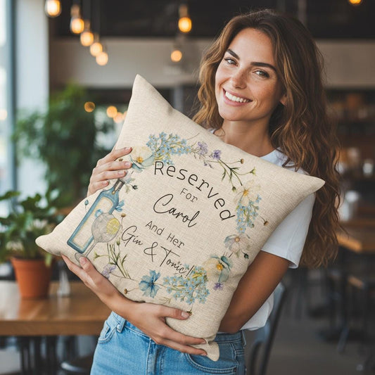 Personalised Linen Reserved Seat Cushion Gin & Tonic Theme with Blue flowers Gin Lovers Gift Cushion and Cover Retirement Gift Friend Gift