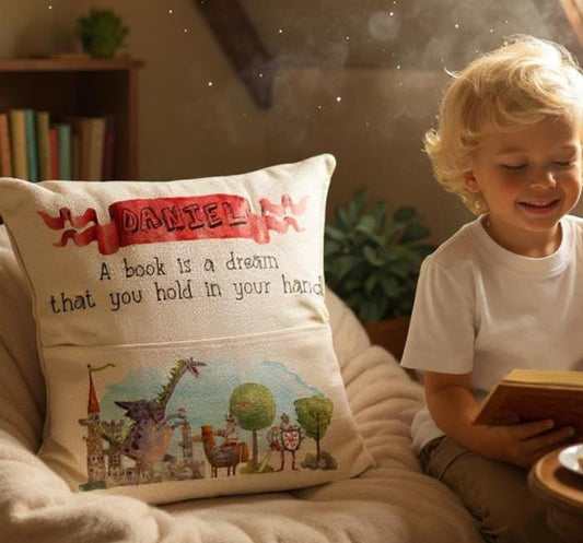 Personalised Knights and Dragons Story Book Cushion - Birthday Gift for Infant - Linen - Castles and Knights - Book Pillow for Boys