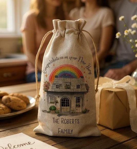 Congratulations on your New Home Personalised Hessian Drawstring Bottle Bag - Wine Champagne Presentation Bag - First Home Gifting