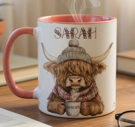 Personalised Highland Cow Mug – Cute Winter Coffee Cup with Name, Pink Handle and Inner - Highland Cow Gift for Her - Highland Cow Lovers