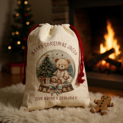 Personalised Small Christmas Santa Sack – Custom Teddy Bear Sack with Name, Kids Gift Bag, Linen Texture - Xmas Eve Bag - For Baby/toddler