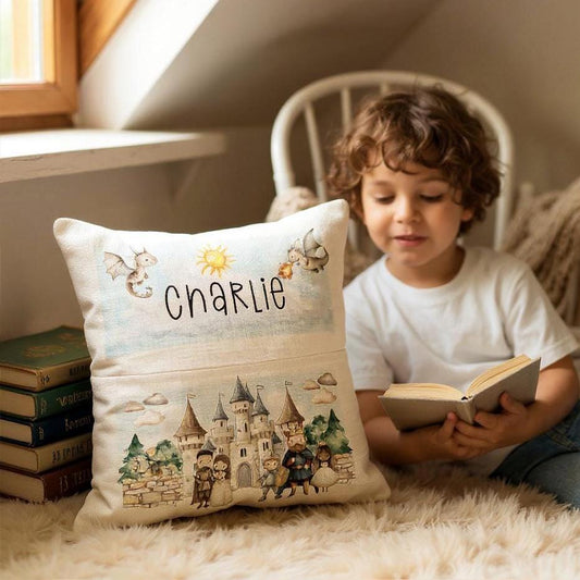 Personalised Kids Book Cushion | Fairy Tale Castle & Dragon Cushion | Custom Pillow with Book Pocket - Toddler Gifts - Princess Knights Gift