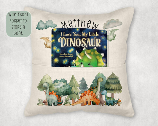 Personalised Dinosaur Book Pocket Cushion | Custom Name Cushion | Kids Reading Gift - Cute Dinosaurs - Boys Dino Pillow - Storybook Cushion