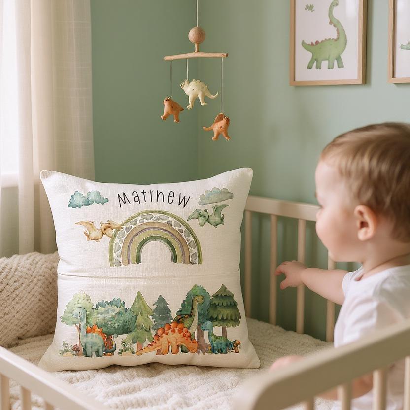 Personalised Dinosaur Book Pocket Cushion | Custom Name Cushion | Kids Reading Gift - Cute Dinosaurs - Boys Dino Pillow - Storybook Cushion