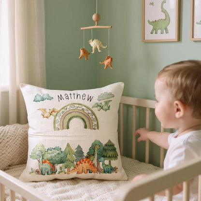 Personalised Dinosaur Book Pocket Cushion | Custom Name Cushion | Kids Reading Gift - Cute Dinosaurs - Boys Dino Pillow - Storybook Cushion