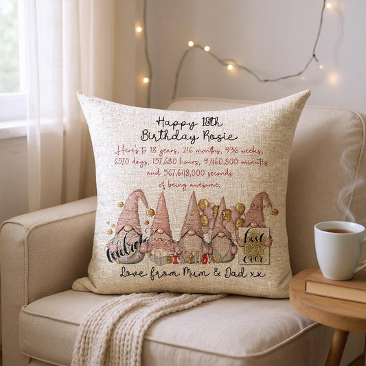 Personalised 18th Birthday Girl Plush Linen Cushion with Pink and Gold Gonk Design and Birth Stats - Gifts for 18th Birthday Girl