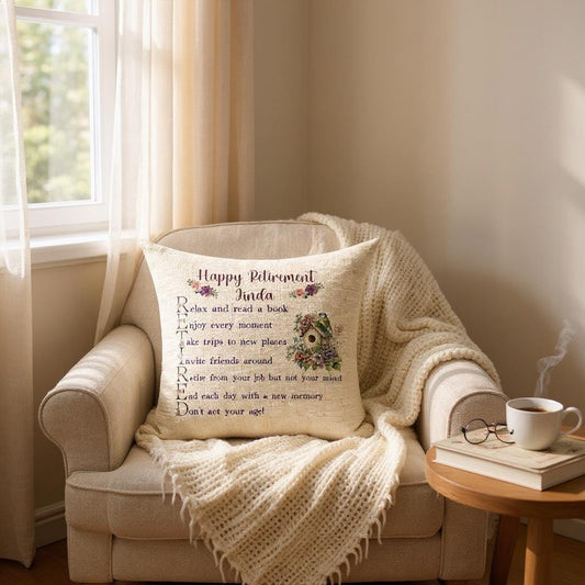 Personalised Lady's Retirement Cushion - 40 x 40 cm - Linen Blend - Plush Inner - Retirement Gift - Floral - With Sayings - Retired Woman