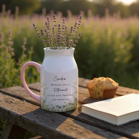 Personalised Ceramic Floral Vase Gift for Retired Ladies - Sage Florals with Quote - Add a Name - Unique Retirement Gift with Box - Flowers