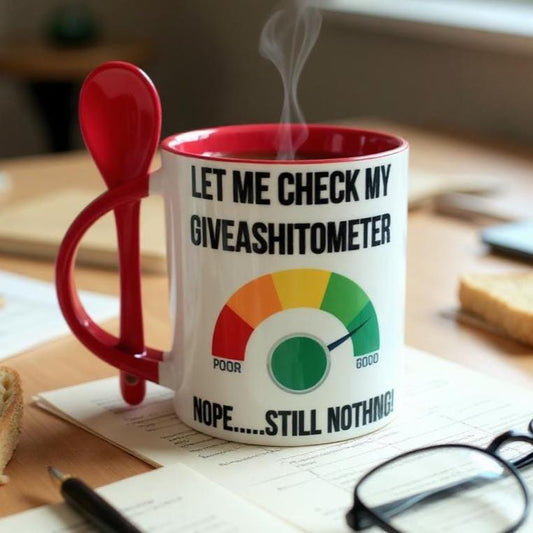 Novelty Giveashitometer Mug with Spoon - Funny Work Mug - Latte/Cappuccino Mug - Gift for Work Colleague - Red Inner - Colleague Office Mug