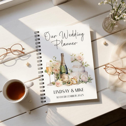 Personalised A5 Wedding Planner with 60 lined pages - Acrylic front and back - Spiral Bound - Cake Florals Champagne - Guest Book - Notes