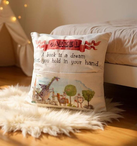Personalised Knights and Dragons Story Book Cushion - Birthday Gift for Infant - Linen - Castles and Knights - Book Pillow for Boys