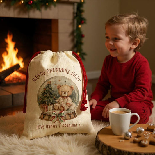 Personalised Small Christmas Santa Sack – Custom Teddy Bear Sack with Name, Kids Gift Bag, Linen Texture - Xmas Eve Bag - For Baby/toddler