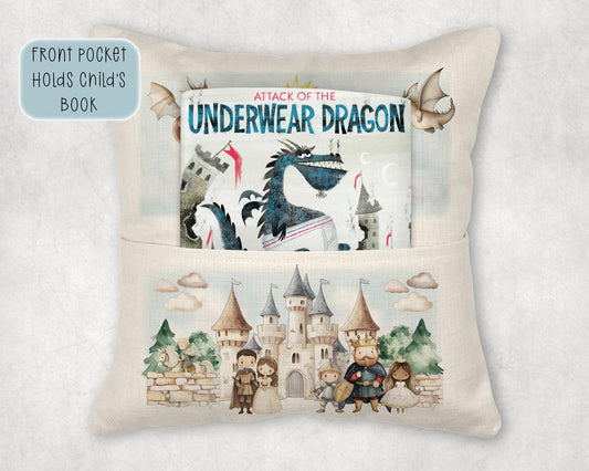 Personalised Kids Book Cushion | Fairy Tale Castle & Dragon Cushion | Custom Pillow with Book Pocket - Toddler Gifts - Princess Knights Gift