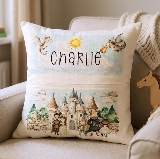 Personalised Kids Book Cushion | Fairy Tale Castle & Dragon Cushion | Custom Pillow with Book Pocket - Toddler Gifts - Princess Knights Gift