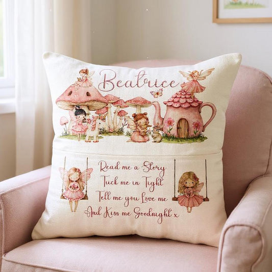 Personalised Fairy Book Pocket Pillow | Custom Name Cushion | Nursery Decor | Storytime Gift | Baby Shower Present - Girl's Linen Cushion