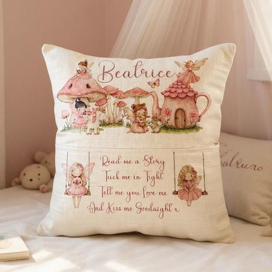 Personalised Fairy Book Pocket Pillow | Custom Name Cushion | Nursery Decor | Storytime Gift | Baby Shower Present - Girl's Linen Cushion