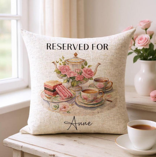 Personalised Ladies Linen Retirement Cushion with an Afternoon Theme - Reserved For - Gift for co-worker - Tea, Florals and Cake