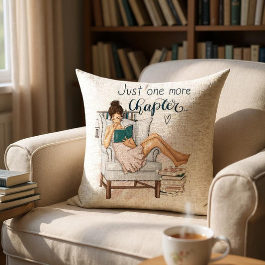 Book Lover Cushion Gift - Just One More Chapter - Pastel Colours - Cushion for Readers - Book Nerd Gift - Young Woman Reading Design - Linen