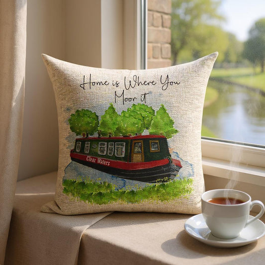 Personalised Linen Narrowboat Cushion - Gifts for Barge Owners - Home is where you Moor it - Add name onto the boat - Canal Boat Cushion