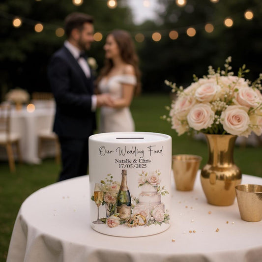 Personalised Ceramic 110z Wedding Fund Money Box with Gift Box - Gifts for engaged couple - Getting Married Gift - Mr and Mrs - With stopper