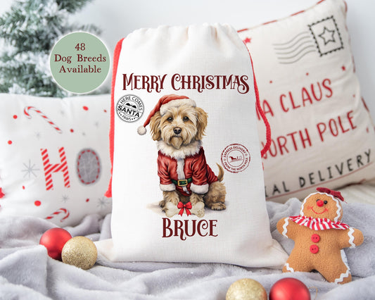 Personalised Dog Christmas Santa Sack (Small) – Custom Pet Gift Bag – 48 Breeds Available - Santa Paws Linen Sack - 30 x 40 cm -