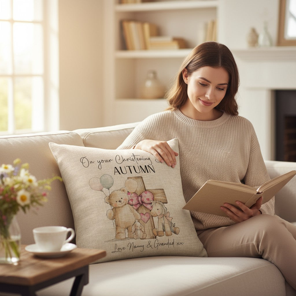 Personalised Girls Linen Christening/Baptism Pillow with Teddy Bear Theme