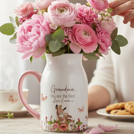 Personalised Small Jug Vase for Nana or Grandma with a Deer and Floral Theme