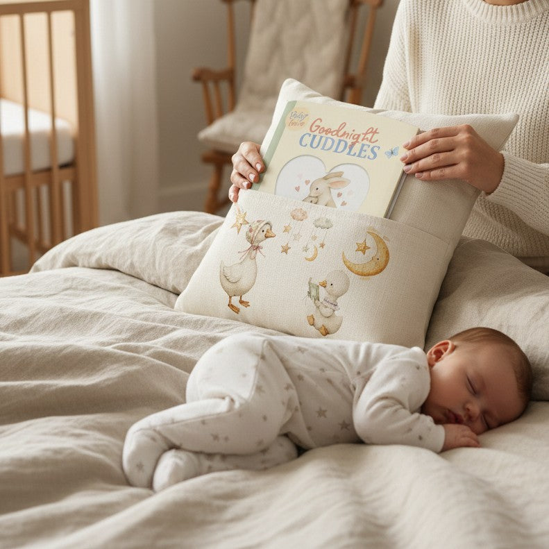 Personalised Book Pocket Pillow for Babies and Toddlers with a Cute Goose Theme