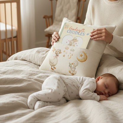 Personalised Book Pocket Pillow for Babies and Toddlers with a Cute Goose Theme
