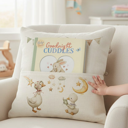 Personalised Book Pocket Pillow for Babies and Toddlers with a Cute Goose Theme