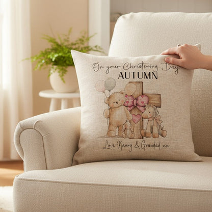 Personalised Girls Linen Christening/Baptism Pillow with Teddy Bear Theme