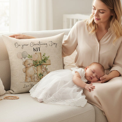 Personalised Boys Linen Christening/Baptism Pillow with Teddy Bear Theme