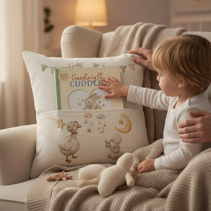 Personalised Book Pocket Pillow for Babies and Toddlers with a Cute Goose Theme