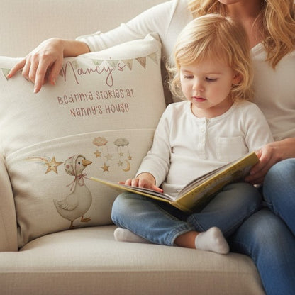 Personalised Book Pocket Pillow for Babies and Toddlers with a Cute Goose Theme