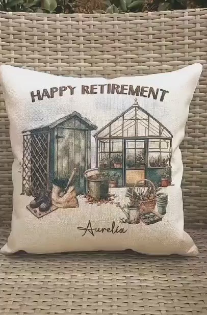 Personalised Retirement Cushion, Gardener Gift for Him, Happy Retirement Pillow, Custom Name Garden Shed Cushion, Gift for Dad or Grandad