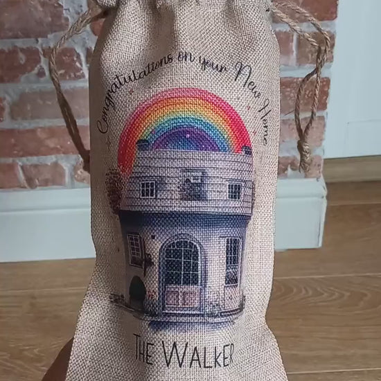 Congratulations on your New Home Personalised Hessian Drawstring Bottle Bag - Wine Champagne  Presentation Bag - First Home Gifting