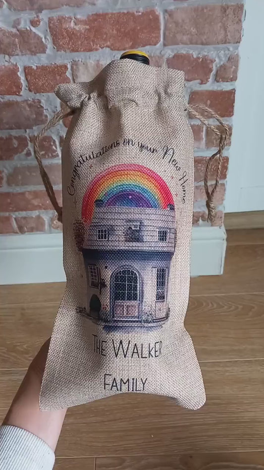 Congratulations on your New Home Personalised Hessian Drawstring Bottle Bag - Wine Champagne  Presentation Bag - First Home Gifting