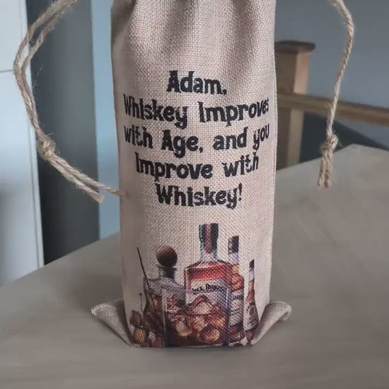 Personalised Hessian Drawstring Whiskey Themed Bottle Bag - Whiskey Presentation Bag - For Dad - For Him - For Brother - Whiskey Gift Bag