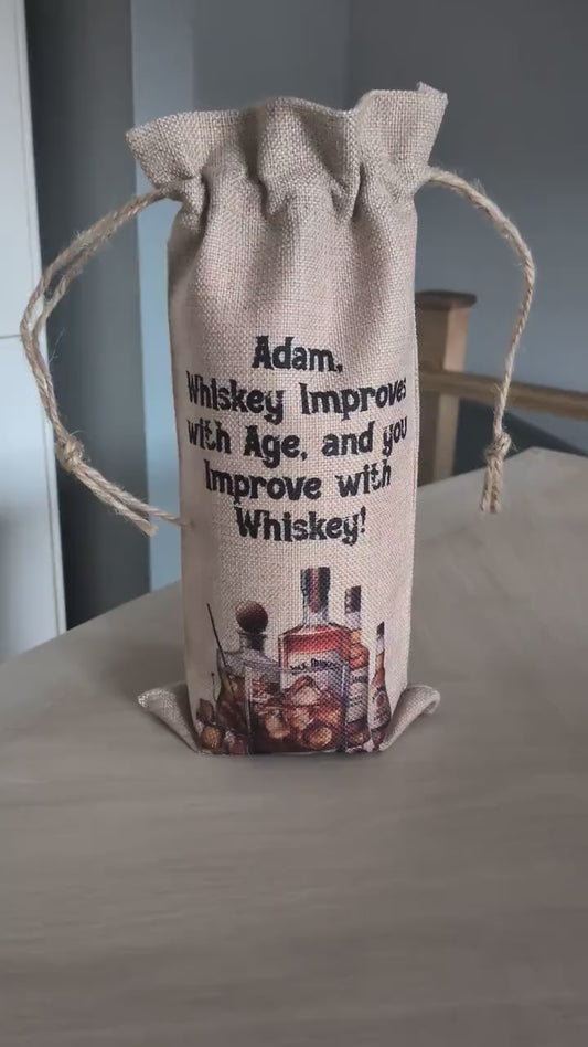 Personalised Hessian Drawstring Whiskey Themed Bottle Bag - Whiskey Presentation Bag - For Dad - For Him - For Brother - Whiskey Gift Bag