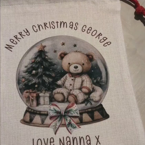 Personalised Small Christmas Santa Sack – Custom Teddy Bear Sack with Name, Kids Gift Bag, Linen Texture - Xmas Eve Bag - For Baby/toddler