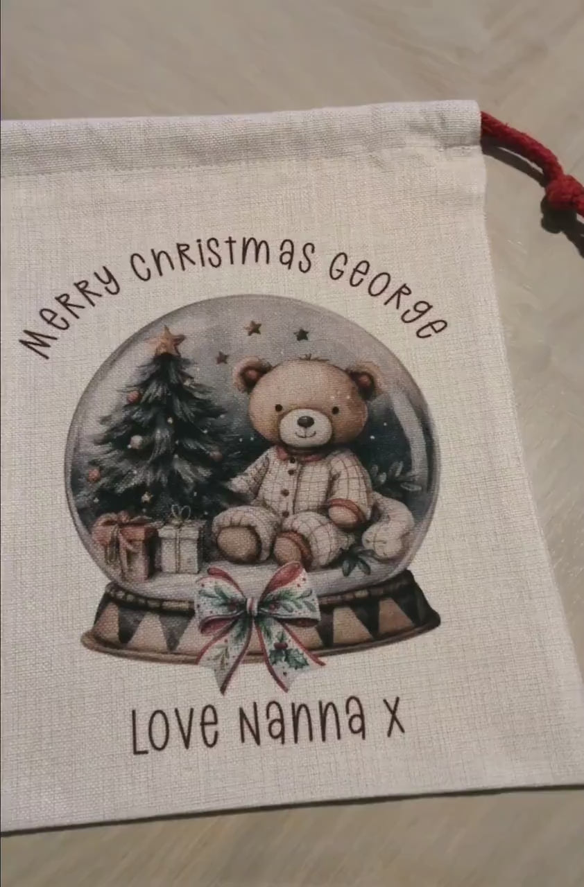 Personalised Small Christmas Santa Sack – Custom Teddy Bear Sack with Name, Kids Gift Bag, Linen Texture - Xmas Eve Bag - For Baby/toddler