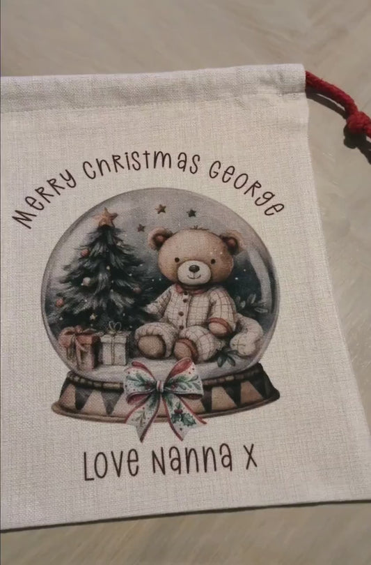 Personalised Small Christmas Santa Sack – Custom Teddy Bear Sack with Name, Kids Gift Bag, Linen Texture - Xmas Eve Bag - For Baby/toddler