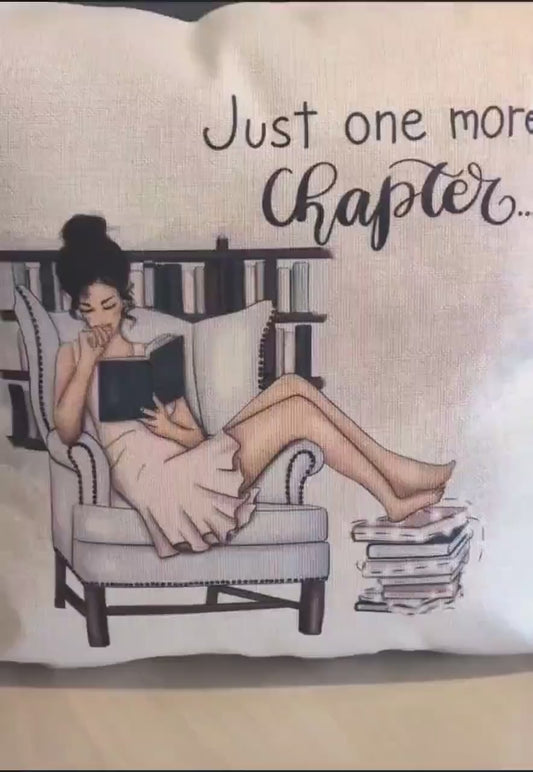 Book Lover Cushion Gift - Just One More Chapter - Pastel Colours - Cushion for Readers - Book Nerd Gift - Young Woman Reading Design - Linen