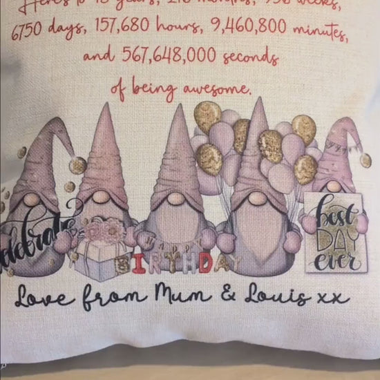 Personalised 18th Birthday Girl Plush Linen Cushion with Pink and Gold Gonk Design and Birth Stats - Gifts for 18th Birthday Girl